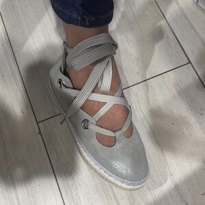 bernie mev. Metallic Silver Crisscross Wedges